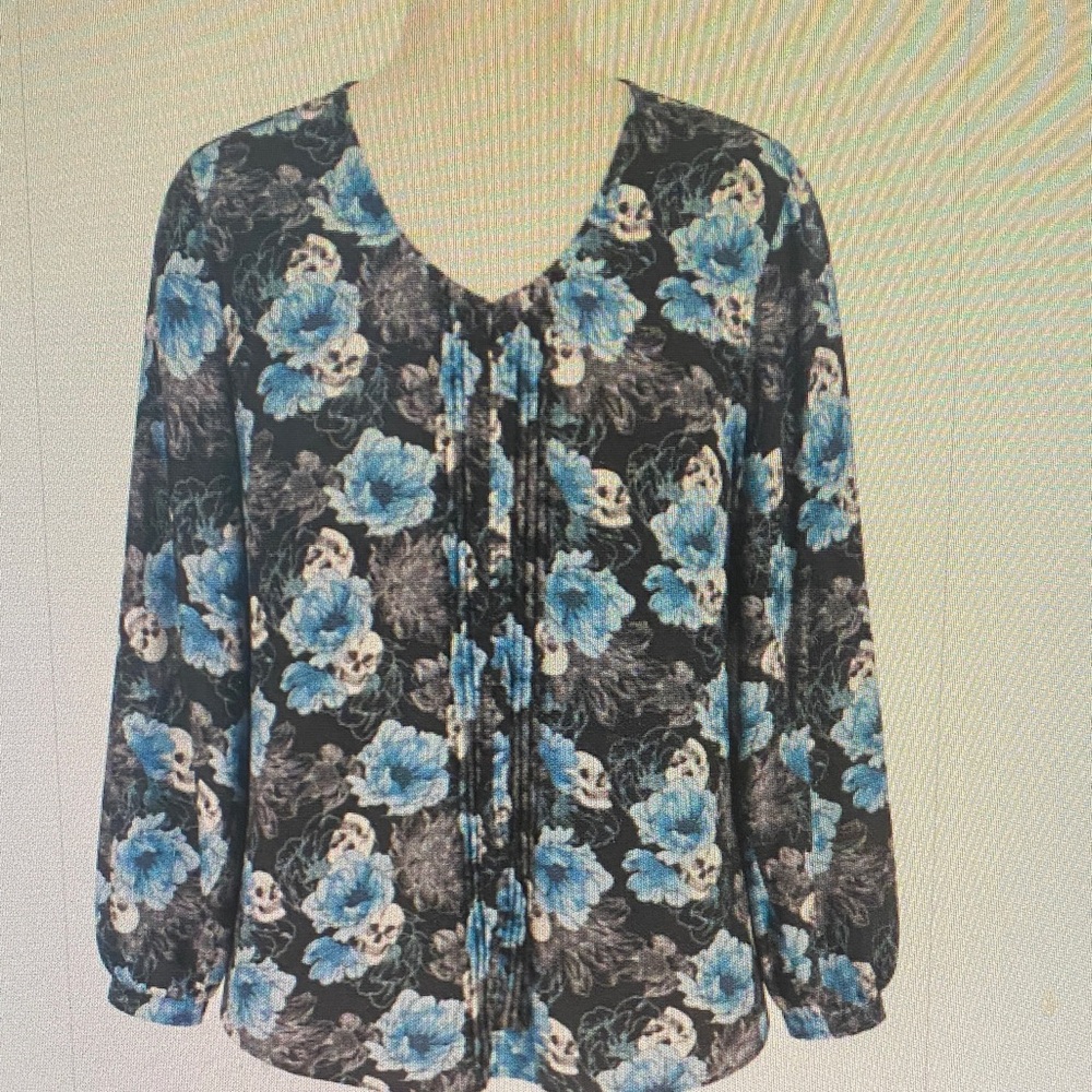 Blue Floral Pleated Long-Sleeve Top